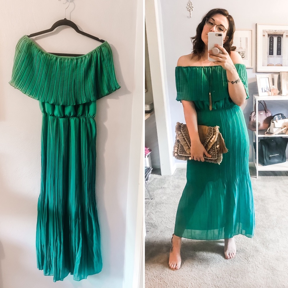 Green Pleated Chiffon Off-Shoulder Maxi Dress